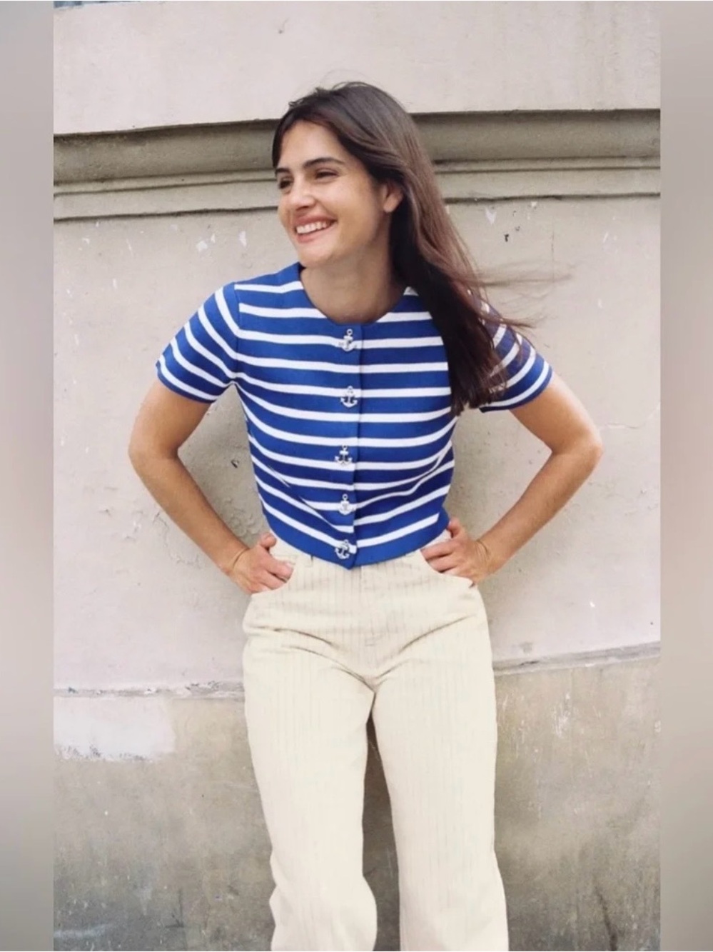 Zara Blue and White Striped Short-Sleeve Buttoned Top